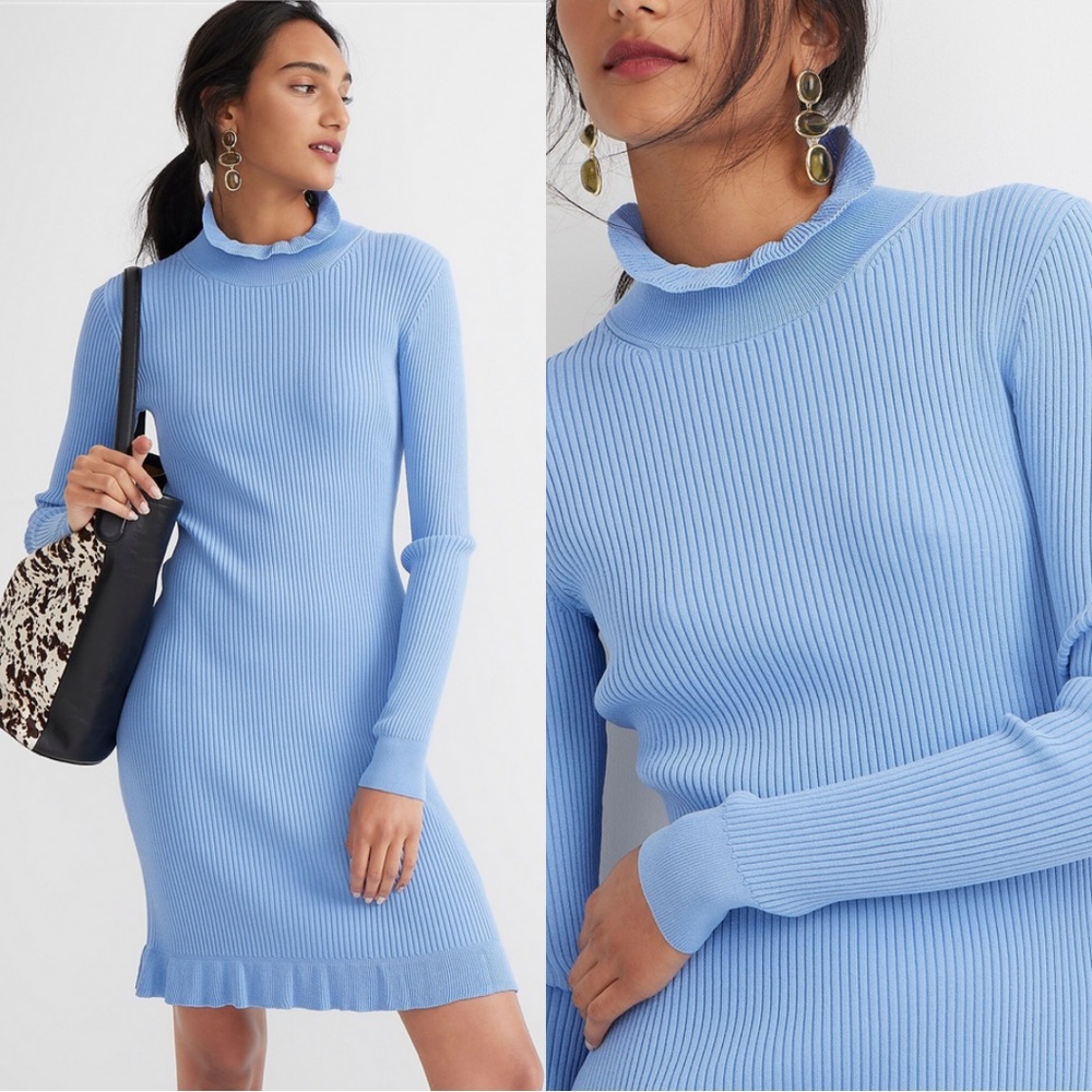J. Crew Supersculpt Ruffleneck Mini Sweater Dress in Baby Blue - L